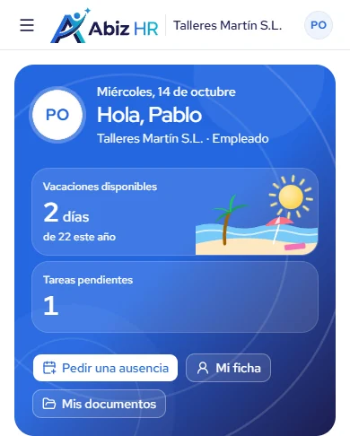 Inicio del portal del empleado en el móvil con vacaciones disponibles y tareas pendientes